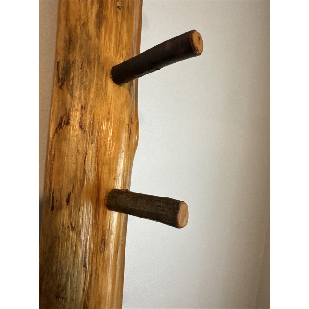 28" LOG Wall Mount Coat Rack 5 Wood Pegs Lodge Cabin Decor Branch Tree Primitive - Picture 4 of 16
